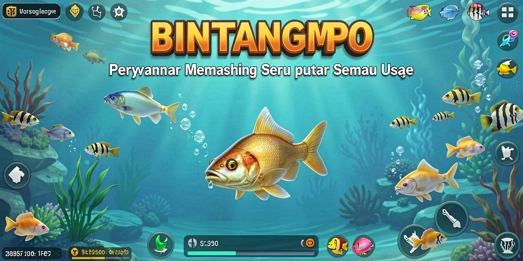 Screenshot gameplay BINTANGMPO menampilkan aktivitas memancing di lokasi menakjubkan.