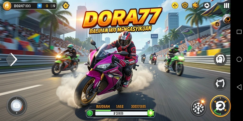 Tangkapan layar DORA77 menunjukkan balapan motor yang cepat dan mendebarkan.