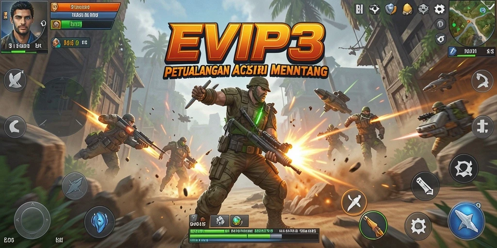 Screenshot EVIP3 menunjukkan suasana pertempuran yang intens dan menarik.