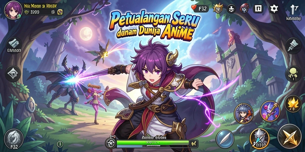 Tampilan dinamis gameplay F32 yang penuh aksi anime.