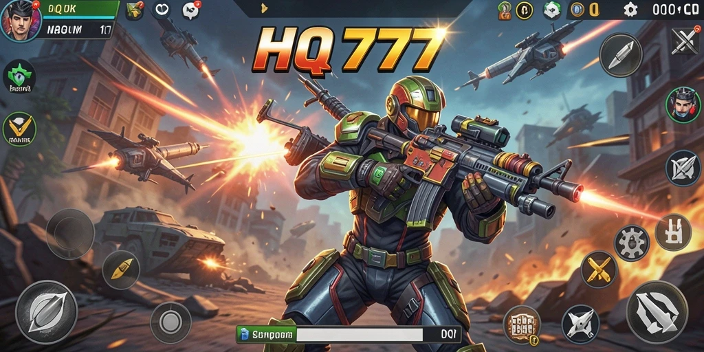 Screenshot menampilkan aksi intens dalam HQ777 dengan senjata canggih.