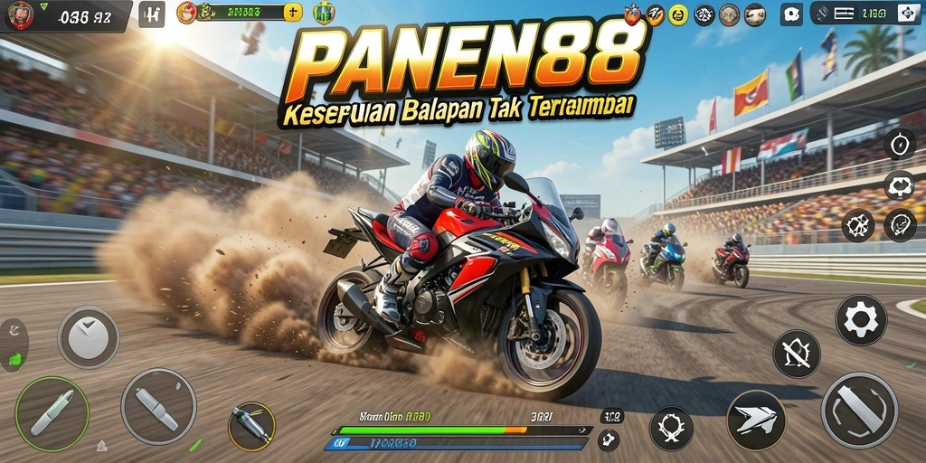 Tampilan gameplay menegangkan dari PANEN88 saat balapan motor.